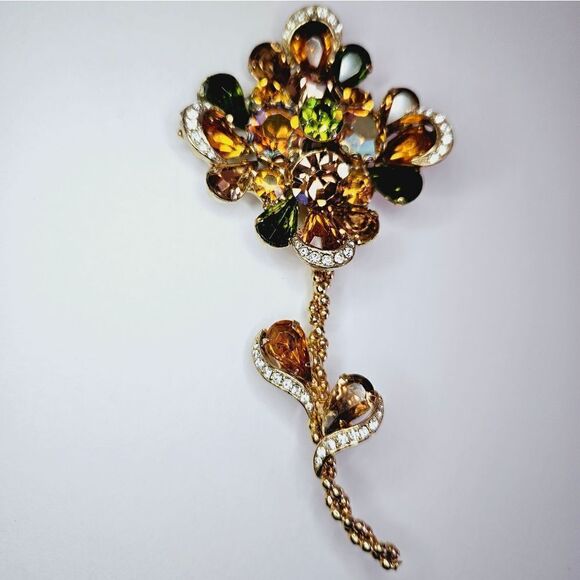 Vintage Large Rhinestone Amber Floral Flower Brooch Pin Juliana Weiss Kramer - Picture 7 of 16